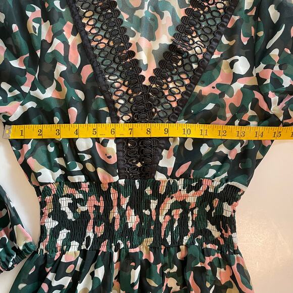 Laurèl by Escada Camo Maxi Dress Women's Small Green Pink Smocked Crochet Lace - Picture 10 of 10